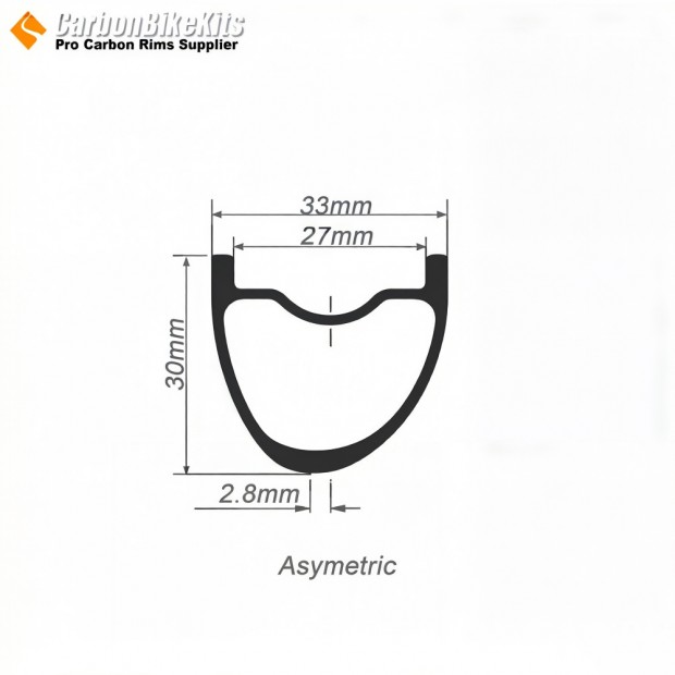 27.5er / 29er Carbon 33x30mm Innenbreite 27mm Tubeless Hookless Symmetrisch / Asymmetrisch MTB Felge
